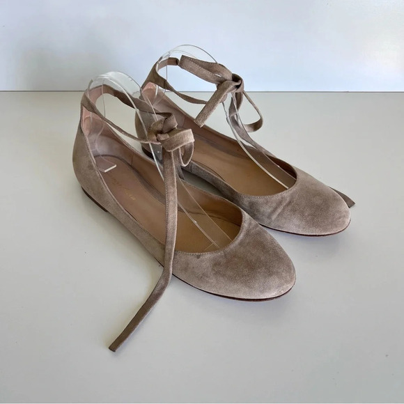 Gianvito Rossi Suede Ankle-Wrap Ballerina Flat, Light Gray - Picture 1 of 16